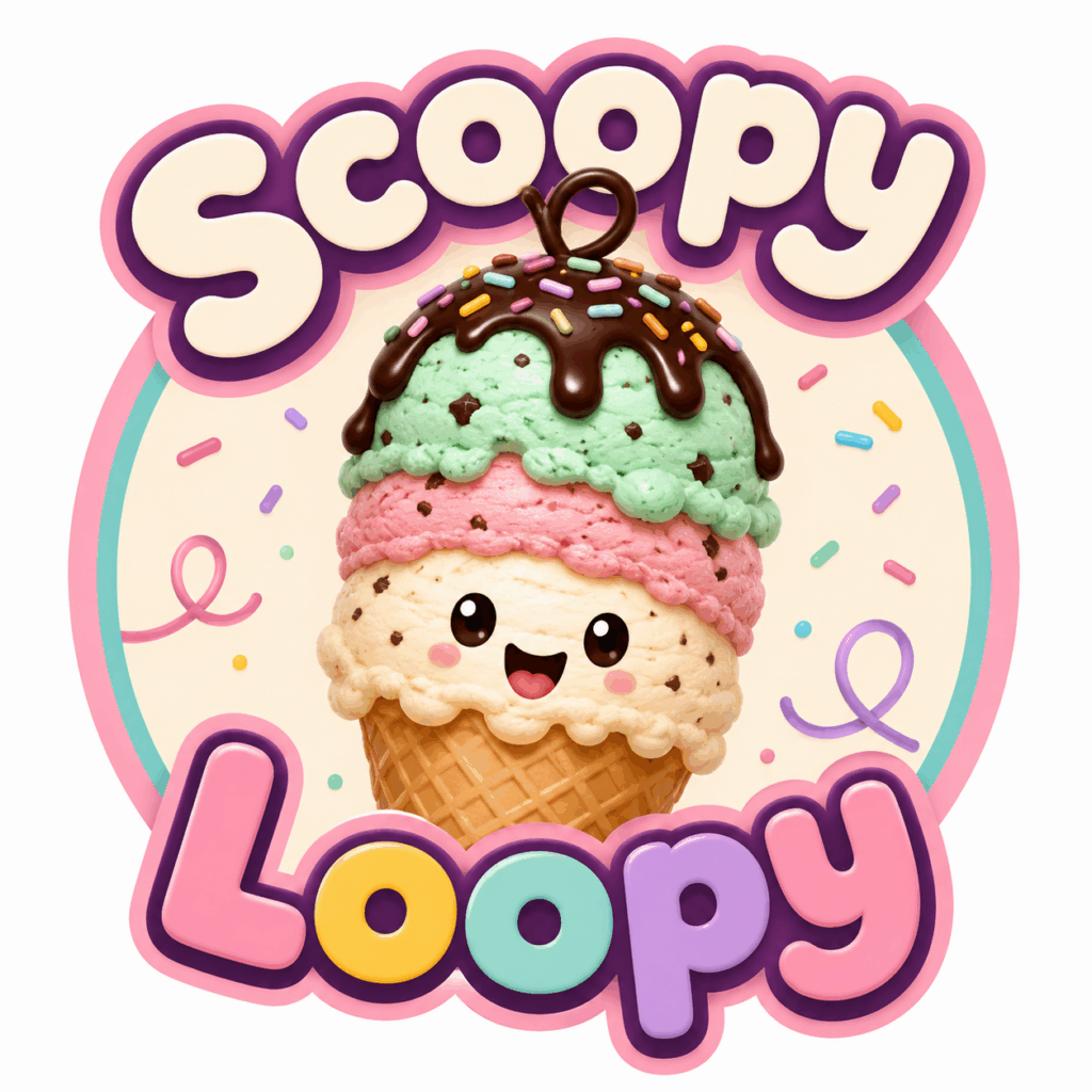 A colorful cartoon-style logo featuring a smiling triple-scoop ice cream cone with chocolate drizzle, sprinkles, and pastel bubble lettering that says “Scoopy Loopy.”
